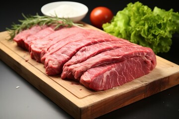 The pristine white background accentuates the freshness of beef slices on the board