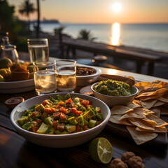 Guacamole against the background of the beautiful Mexican coast at sunset on the restaurant terrace