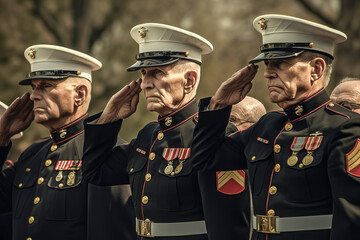 Elderly US Marine Corps veterans in dress uniform salute fallen service members at a cemetery - obrazy, fototapety, plakaty