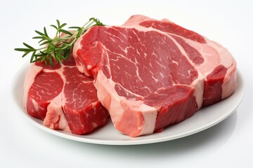 Uncooked beef steaks, starkly contrasting on a white background for isolation