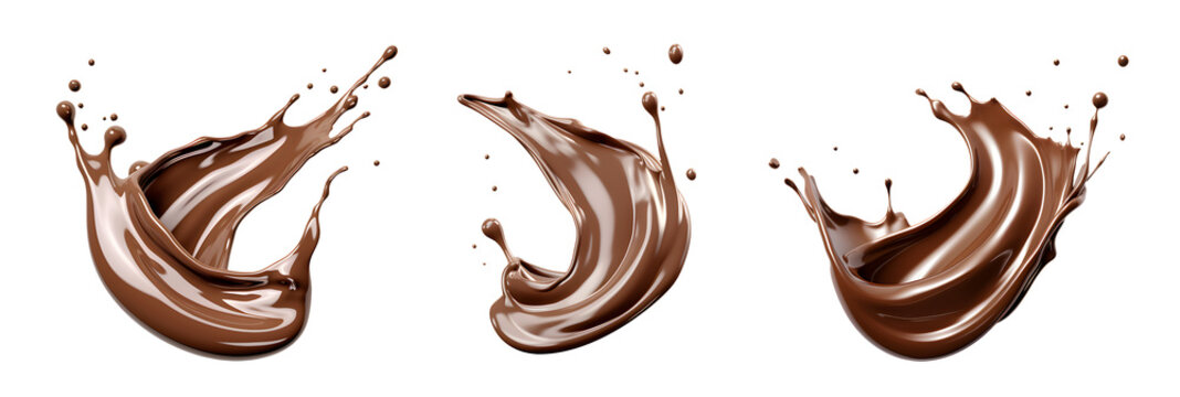 Set of Chocolate milk splash isolated on transparency background, nutrition liquid fluid element flowing wave explode, Brown choco swirl collection with drops AI generated