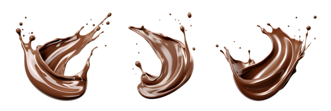 Set of Chocolate milk splash isolated on transparency background, nutrition liquid fluid element flowing wave explode, Brown choco swirl collection with drops AI generated