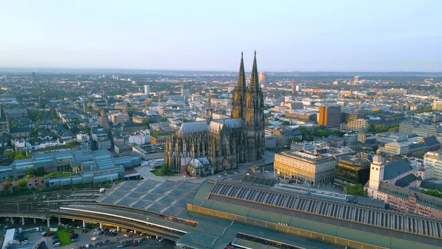 Cologne aerial skyline aerial drone footage of city cologne cathedral fly over old town germany