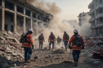Rescue service employees work on the rubble after the earthquake against the background of destroyed houses and smoke