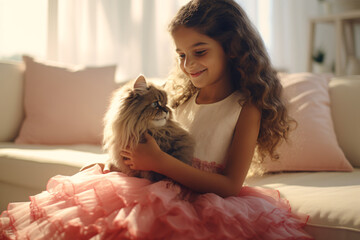 Heartwarming relationship between girl and her beloved pet cat at home. Cute animal. Moments of tenderness. Girl and her kitten share moments of love and joy. Child with cat companion.