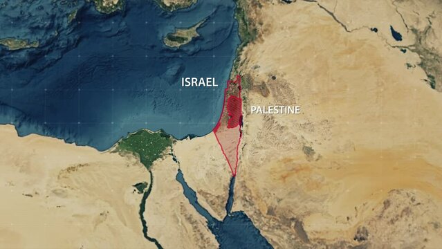 Plot the borders of the military conflict of the regions of Israel and Palestine. Approaching from outer space. An alarming region. War or political tension