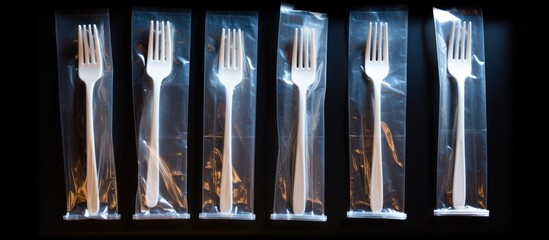 Plastic utensils that are wrapped and can be thrown away - obrazy, fototapety, plakaty