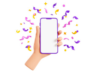 Human hand holding mobile phone with confetti 3d render.
