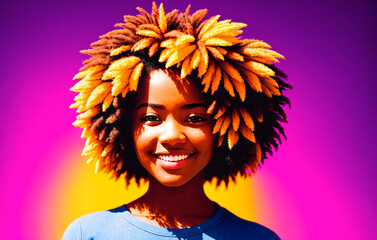 Beautiful african american woman with afro hairstyle on colorful background.