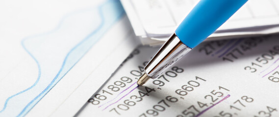 Accounting document with pen, money, coins and checking financial chart. Concept of banking,...