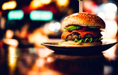Close up of cheeseburger on wooden table in night club.