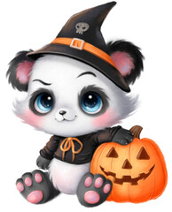Illustration of a cute cartoon halloween panda. Cute halloween animals. Transparent background, PNG