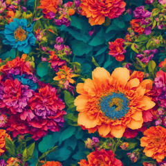 Colorful Retro Flowers Seamless Pattern Colorful Digital Background Floral Design - ai generated