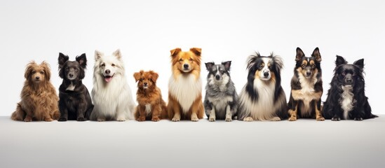 Diverse breeds of dogs sitting in a row for each other isolated on white background Profile view Animal care vet grooming Horizontal flyer - obrazy, fototapety, plakaty