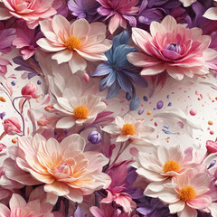 Pink Purple 3D Flowers Seamless Pattern Colorful Digital Background Floral Design - ai generated