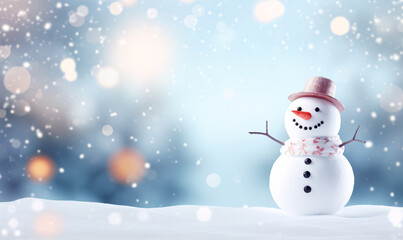 In the middle of a snowy field stands a snowman surrounded by Christmas lights and falling snowflakes. A place to make Christmas wishes. generative Ai