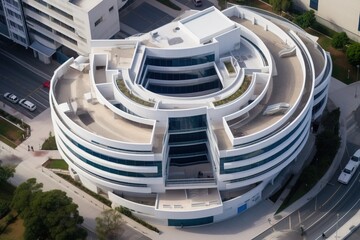 Aerial wide angle of beautiful contemporary curve and modern architecture building using generative AI