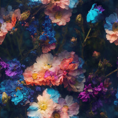 Obraz na płótnie Canvas Multicolor Magic Flowers Vintage Seamless Pattern Colorful Digital Background Floral Design - ai generated