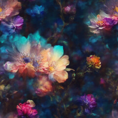 Fototapeta na wymiar Multicolor Magic Flowers Vintage Seamless Pattern Colorful Digital Background Floral Design - ai generated
