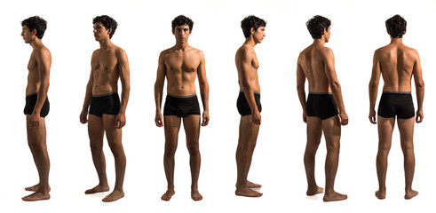 Multiple views of athletic shirtless young handsome man: back, front and profile shots, full length, isolated on white background in studio - 659061794