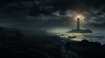 Fantasy landscape with a lighthouse on the coast in the foggy night. 3d rendering. Conceptual illustration.
