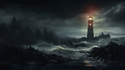 Fototapeta na wymiar Fantasy landscape with a lighthouse on the coast in the foggy night. 3d rendering. Conceptual illustration. 