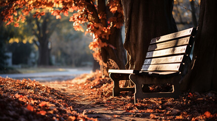A peaceful image of a rustic wooden bench nestled among fallen leaves, offering a perfect spot to savor the beauty of autumn - obrazy, fototapety, plakaty