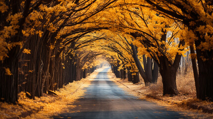 An enchanting picture of a country road winding through an archway of trees, their leaves forming a captivating golden tunnel