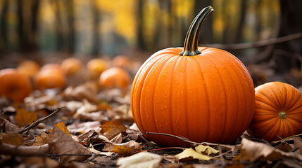 A charming close-up of a pumpkin nestled among fallen leaves, evoking the quintessential essence of fall harvest