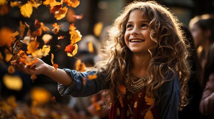 A whimsical moment captured as a child releases a handful of leaves into the air, the colorful confetti of autumn in motion