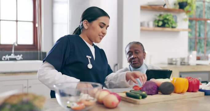 Nurse, senior woman and kitchen with tablet and cooking with digital recipe and retirement help. Food, happy and caregiver with elderly black female person with conversation and support in a home