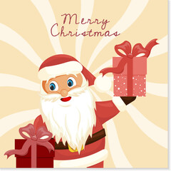 Christmas card with cute Santa Claus and gifts in cartoon style. Vector illustration