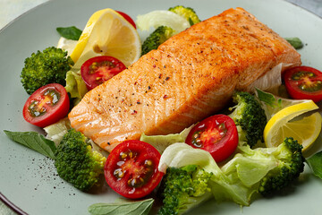 grilled salmon fillet, with vegetables, broccoli, cherry, iceberg lettuce, spices and herbs, homemade, no people,