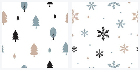 Set of seamless pattern with forest and snowflake. Winter background. Vector illustration, for print, textile, wallpaper, wrapping paper, poster, card