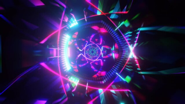 A VJ loop with flashing neon disco light rhythms and colorful backdrop.