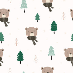 Seamless pattern with cute bear and forest. Winter background. Vector illustration, for print, textile, wallpaper, poster, wrapping paper