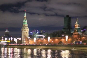 Moscow, center, Kremlin wall. Evening, city illumination