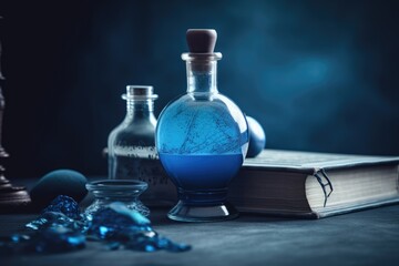 Glass bottle with blue liquid. Magical alchemy potion