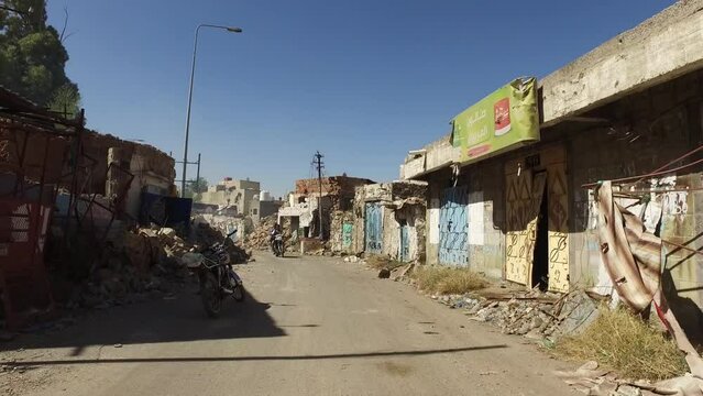Houses destroyed due to the violent war in the city of Taiz, Yemen