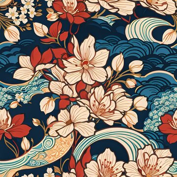 Seamless pattern of beautiful flowers. Traditional Japanese style. Repeatable image background. Generative AI.