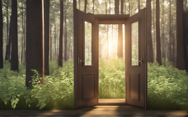 Opened door on woods. Unknown and start up concept. 