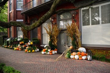 Autumn Decorations in Front of Red Brick House in Savannah, Georgia