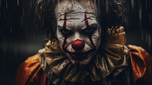 Picture of a clown in a dimly lit setting.