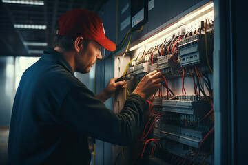 electrician repaired a faulty circuit in a busy office building - obrazy, fototapety, plakaty