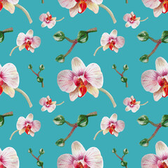 seamless print with pink watercolor orchid flowers