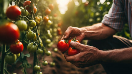 hand picking red tomatos - obrazy, fototapety, plakaty