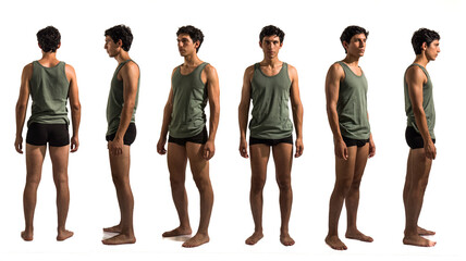 Multiple views of athletic young handsome man: back, front and profile shots, full length, isolated...