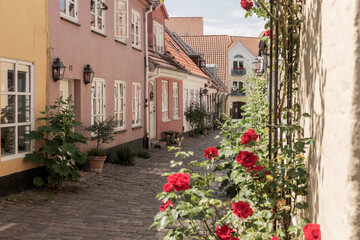 Small houses in the historic old city center of Aalborg. Denmark