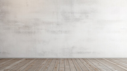White blank concrete wall mockup with a wooden floor. Generative AI