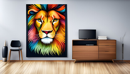 Lion portrait painting in a room - Generative AI